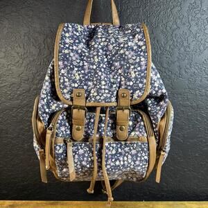 VTG Mudd‎ Backpack Womens Floral Canvas Faux Leather Brown Blue Boho School Bag
